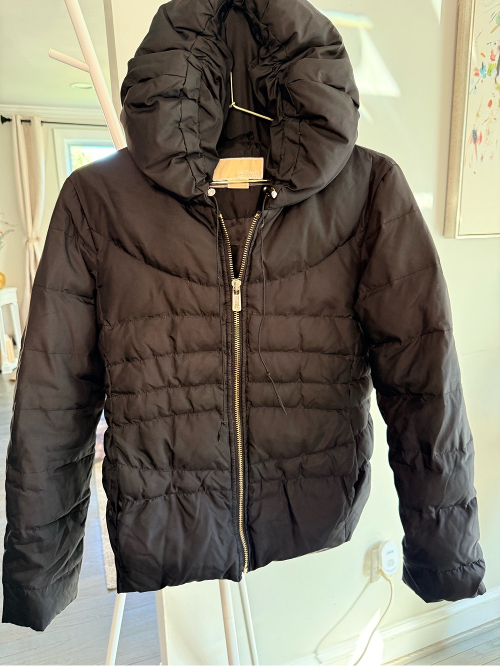 Michael Kors Black Quilted Puffer Jacket with Oversized Hood